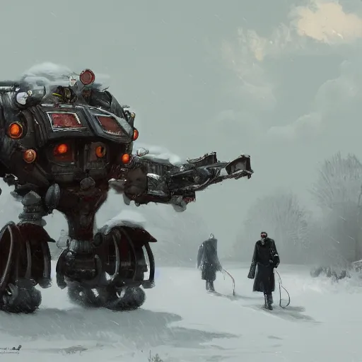 Image similar to russian walking steam mecha machine in the snow, Rozalski, trending on artstation