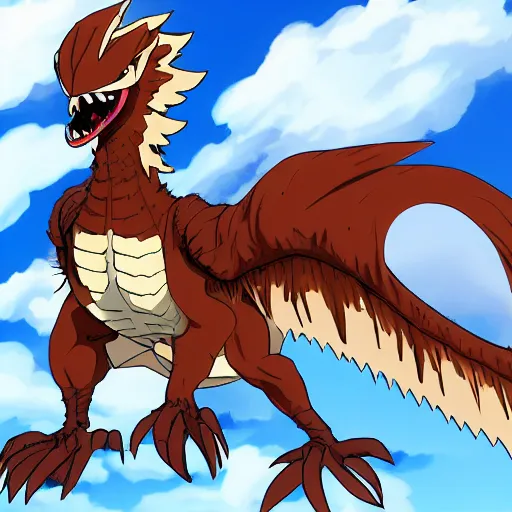 Prompt: medium sized brown feathered wyvern that stands on 2 legs with razor sharp teeth and sharp claws, my hero academia art style