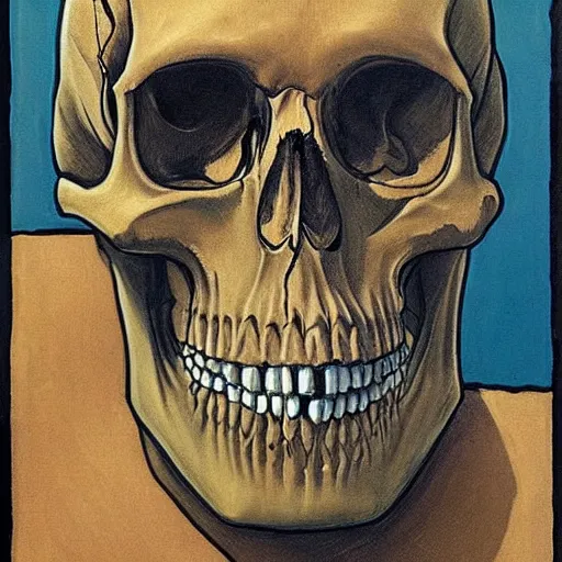 Image similar to A beautiful experimental art of a skull that is part organic, part mechanic. It is an accurate representation of how the artist sees the world. by Peter Howson, by Ferdinand Hodler exciting, unnerving