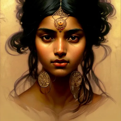 Image similar to Portrait of an indian girl with black hair, brown skin, glowing skin, fantasy, intricate, elegant, highly detailed, digital painting, artstation, concept art, smooth, sharp focus, illustration, art by Krenz Cushart and Artem Demura and alphonse mucha