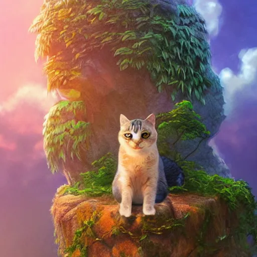 Image similar to a cat seated on a rock in a jungle!, mist, tropical trees, vines, birds, sunset!, fluffy clouds, warm colors, beautiful lighting, digital art, intricate details, trending on artstation