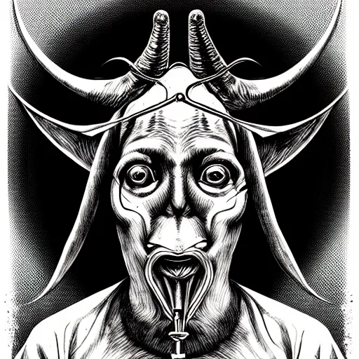 Image similar to graphic illustration, creative design, baphomet as a nun, biopunk, francis bacon, highly detailed, hunter s thompson, concept art