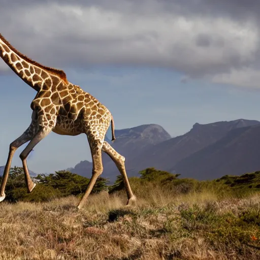 Image similar to An action photo of a giraffe with old school brown pilot goggles riding mountainbike, fast towards the camera, motion blur, high detail, wide shot