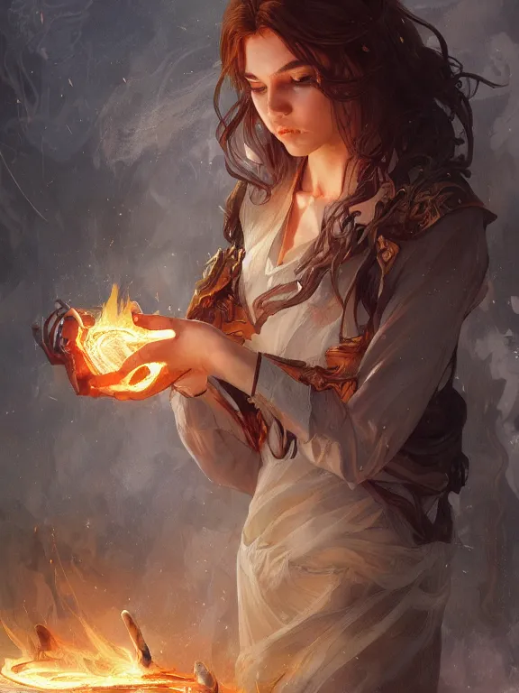 Image similar to young summoner with a fire elemental, fantasy, man, intricate, elegant, highly detailed, digital painting, artstation, concept art, wallpaper, smooth, sharp focus, illustration, art by artgerm and greg rutkowski and alphonse mucha