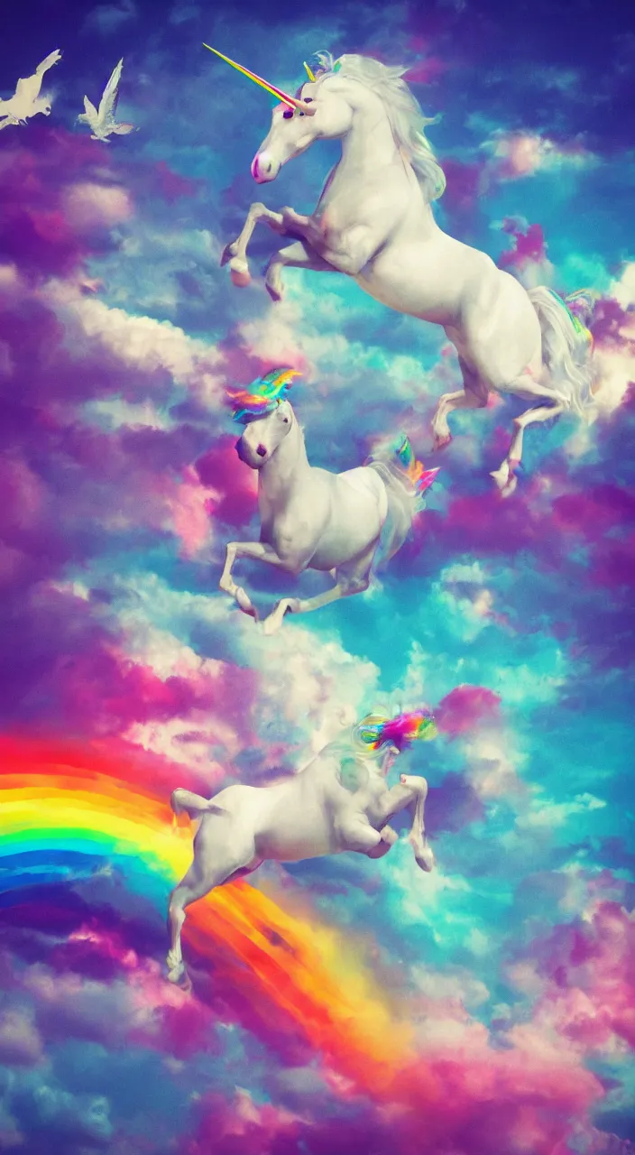 Prompt: Flying unicorn spotting rainbow, concept art, cinematic, colorful, pop