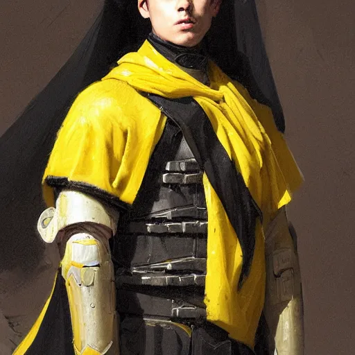 Image similar to Medium closeup young idealistic and pious male Imperial soldier wearing a black and yellow tabard over a gambeson and a steel open helm, by Raymond Swanland Greg Rutkowski Lise Deharm, {perfect face}, {perfect eyes}