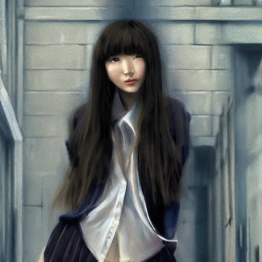 Image similar to a perfect, realistic professional oil painting of a Japanese schoolgirl posing in a dystopian alleyway, style of Marvel, full length, by a professional American senior artist on ArtStation, a high-quality hollywood-style concept