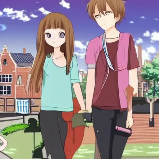 Prompt: a teenage girl and a teenage boy and a cat, in the Netherlands, Anime Outro
