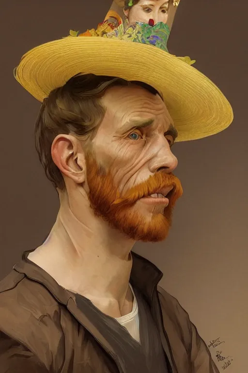 Image similar to ultra realistic illustration, vincent van goh wearing a birthday hat, elegant, highly detailed, digital painting, concept art, smooth, sharp focus, illustration, art by artgerm and greg rutkowski and alphonse mucha