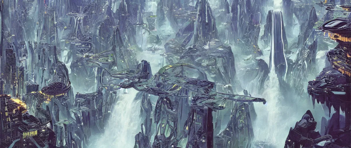 Prompt: A beautiful illustration of a futuristic city of bridges built on a world of waterfalls by Robert McCall and Ralph McQuarrie | sparth:.2 | Time white:.2 | Rodney Matthews:.2 | Graphic Novel, Visual Novel, Colored Pencil, Comic Book:.6 | unreal engine:.3 | | viewed from above | establishing shot:.7