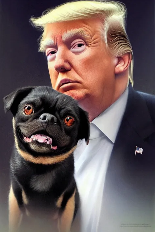 Image similar to photorealistic portrait photograph of donald trump with a black pugalier, handsome, depth of field, soft focus, highly detailed, intricate, realistic, national geographic cover, soft glow, textured, artstation, concept art, sharp focus, illustration, art by artgerm and greg rutkowski and alphonse mucha