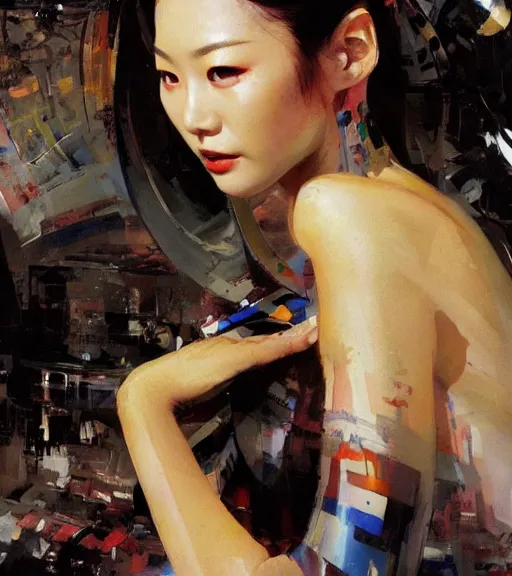 Prompt: Lee Jin-Eun by John Berkey and Gerald Brom, rule of thirds, seductive look, beautiful, in intergalactic hq