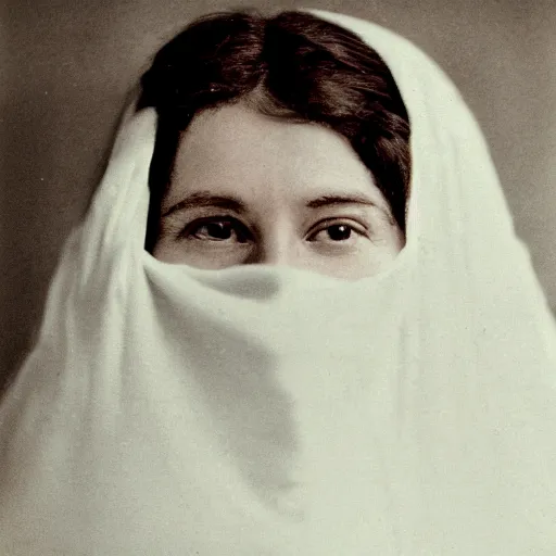 Image similar to filmstill photography of female face covered with white translucent blanket, old victorian room