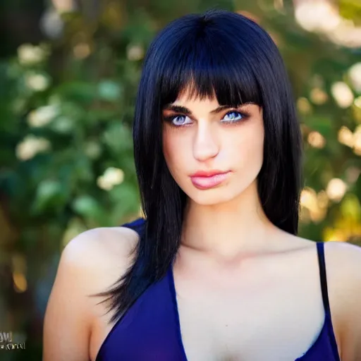 Image similar to raven haired seductive woman with stunning light eyes with a beautiful face, thin nose, fair skin, soft skin, long neck, wearing a tube top