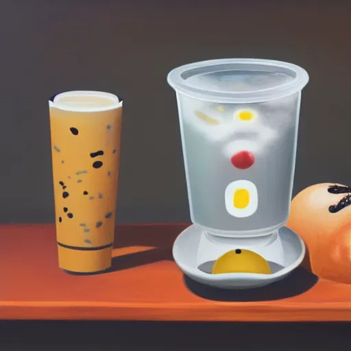 Image similar to still life of a boba tea next to a cash register on the counter, Noah Verrier, 2022, oil painting, muted lighting, award-winning, trending on twitter