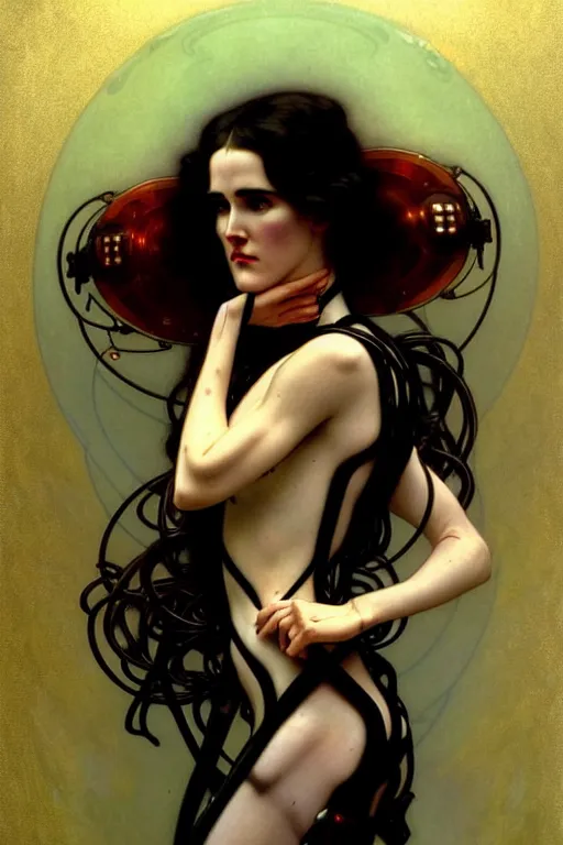 Image similar to young and beautiful evil cyborg jennifer connelly by future steichen in the style of tom bagshaw, alphonse mucha, gaston bussiere, cyberpunk. anatomically correct elegant cybernetic body mods. extremely lush detail. masterpiece. melancholic scene infected by night. perfect composition and lighting. sharp focus. high contrast lush surrealistic photorealism. sultry evil plan.