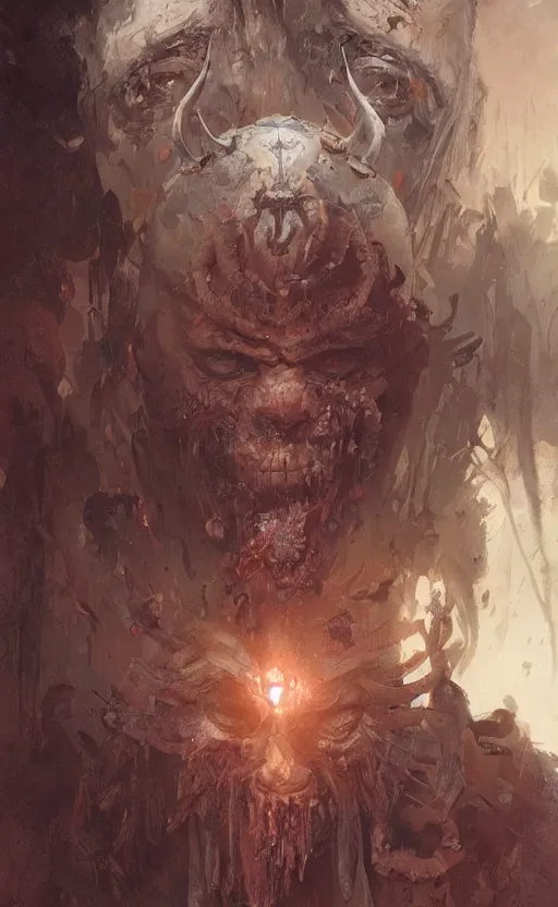 Prompt: tribal ritual in a village of death, symmetrical face features, front game card, drark, marvel comics, dark, intricate, highly detailed, smooth, artstation, digital illustration by ruan jia and mandy jurgens and artgerm and wayne barlowe and greg rutkowski and zdislav beksinski
