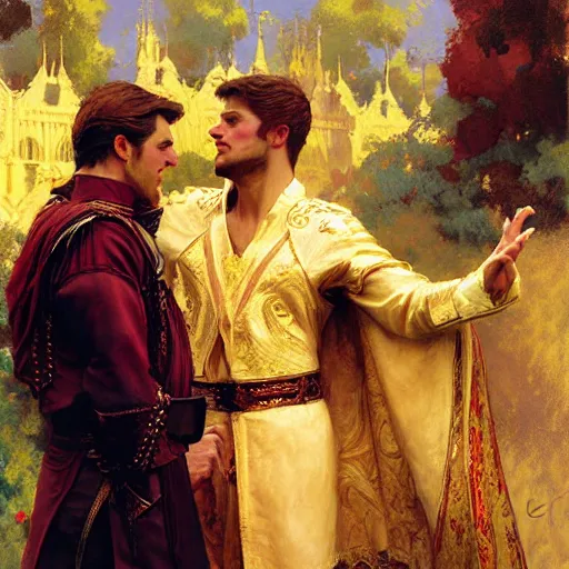 Image similar to attractive fully clothed king confesses his love for his attractive fully clothed male prince. highly detailed painting by craig mullins, gaston bussiere, mark brooks, j. c. leyendecker