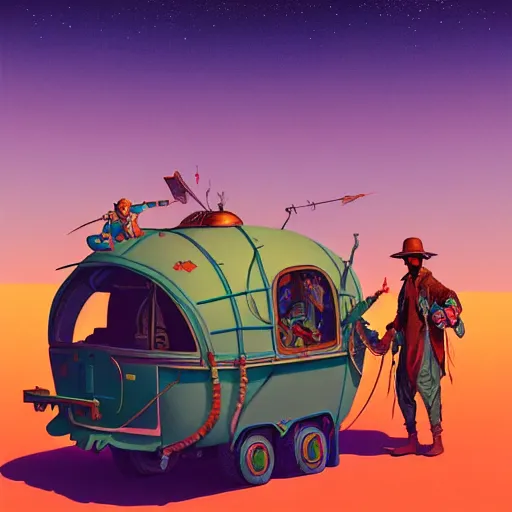 Image similar to gypsy caravan by paolo eleuteri serpieri and tomer hanuka and chesley bonestell and daniel merriam and tomokazu matsuyama, unreal engine, high resolution render, featured on artstation, octane, 8 k, highly intricate details, vivid colors