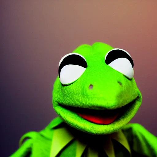 Image similar to portrait of kermit the frog, high fashion photography, looking strong, artistic, studio, coloured background, hippie, looking into the camera, cool, commercial, high quality, epic lighting, amazing, iconic