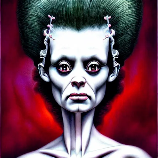 Prompt: realistic airbrush art bride of frankenstein in the style of nicoletta ceccoli, mark ryden, lostfish, earl norem, surrealism, dark art by james jean, takato yamamoto