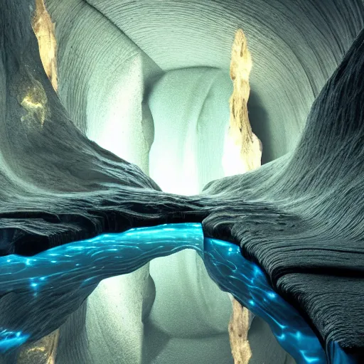 Image similar to light is mine to travel,beyond time ,the cathedrals in a underground vast cave canyon grotto, of life the beginning , geological strata,ground mist, falling water,deep clear pools of water,reflection,refraction, hyper-maximalist,micro details, 3d sculpture,,digital rendering,octane render , 4k, artstation, concept art ,amazing lighting, f42,deep depth of field,photographic, wide angle,cinematic lighting