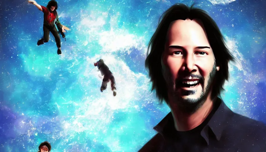 Image similar to a terrified looking Keanu reeves floating in space with a big smile, digital art, artstation, artgem