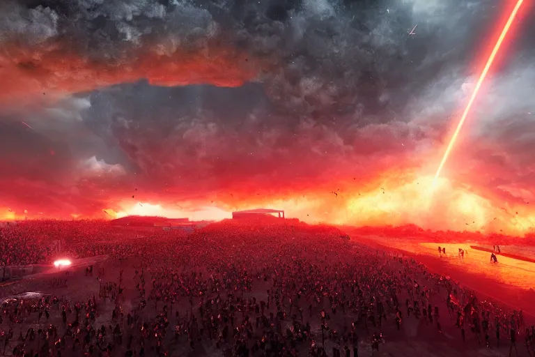 Image similar to meteors fall from the red sky down to a war - torn football stadium, crowds panic, cinematic lighting by jessica rossier, realistic, highly - detailed, 8 k, photorealistic, hyper detailed, unreal engine 5, imax quality, cinematic, epic lighting, football live, live sports