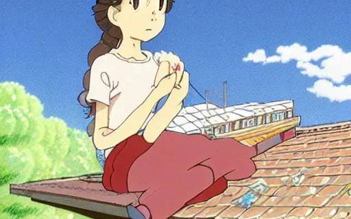 Prompt: a girl sitting on the roof of a building eating a sandwich, art by hayao miyazaki, studio ghibli film,
