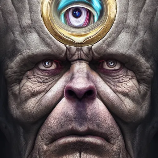 Prompt: michal karcz surrealism painting of Thanos as an all seeing God. His eyes are watching everything. , horror theme, detailed, elegant, intricate, 4k,