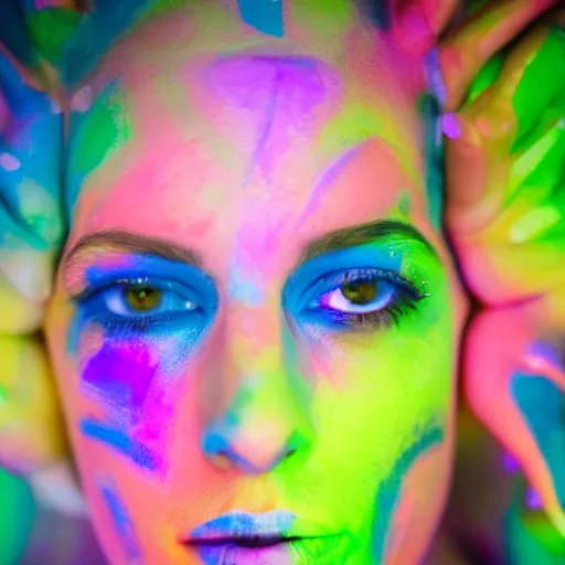 Image similar to a photo of a female made or of geodesic morfed structures, painted her body with ultraviolet paint, 5 0 mm lens, f 1. 4, sharp focus, ethereal, emotionally evoking, head in focus, volumetric lighting, 8 k