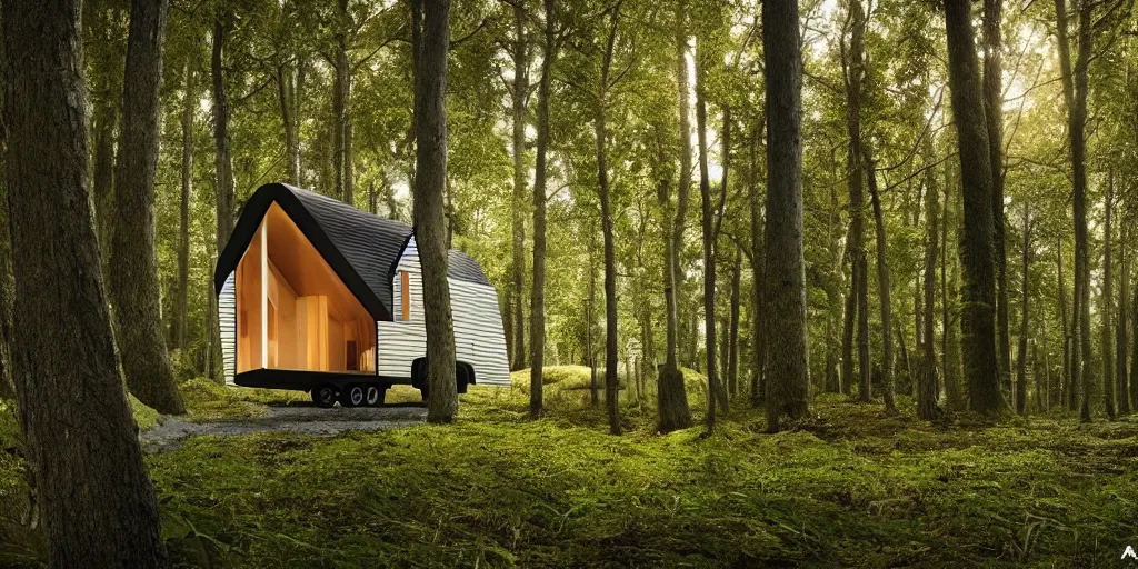 Prompt: modern tiny house in an ominous forest designed by zaha hadid, cinematic lighting, deep focus, sharp focus, golden ratio, dramatic illumination, hdr, ultra realistic, 8 k, highly detailed, trending on artstation, epic composition, by caravaggio, by artemisia lomi gentileschi