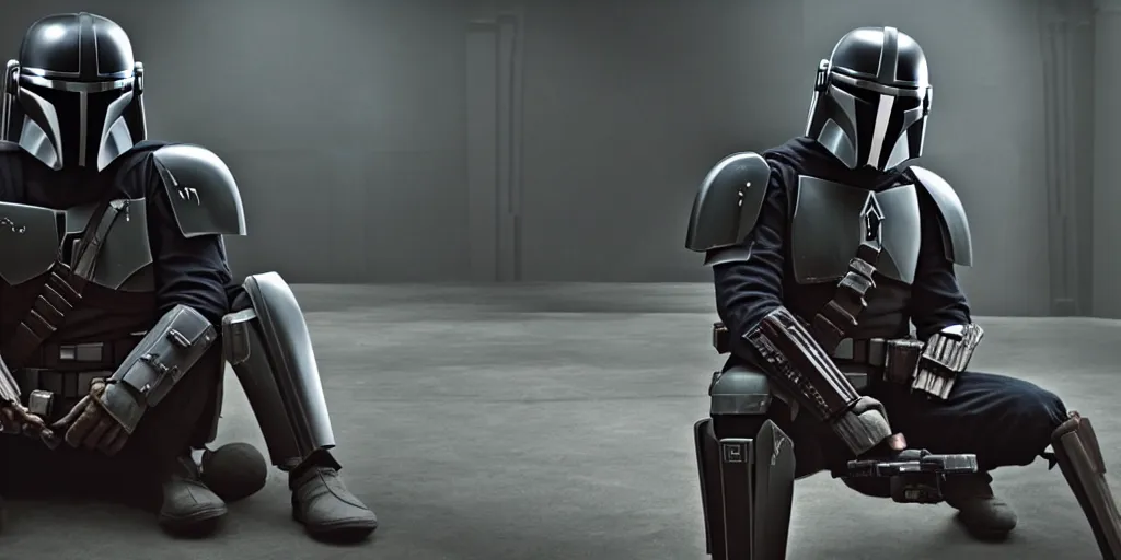 Image similar to large room, atmospheric, single deathwatch mandalorian sitting in thinking pose, cinematic, 4 k