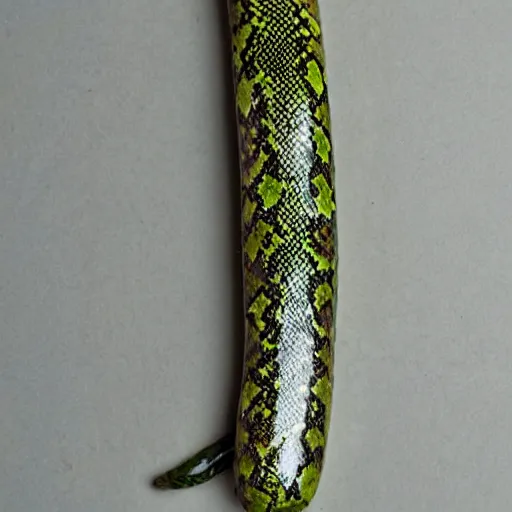 Prompt: long green Sausage with snake head eyes and fangs and with scales