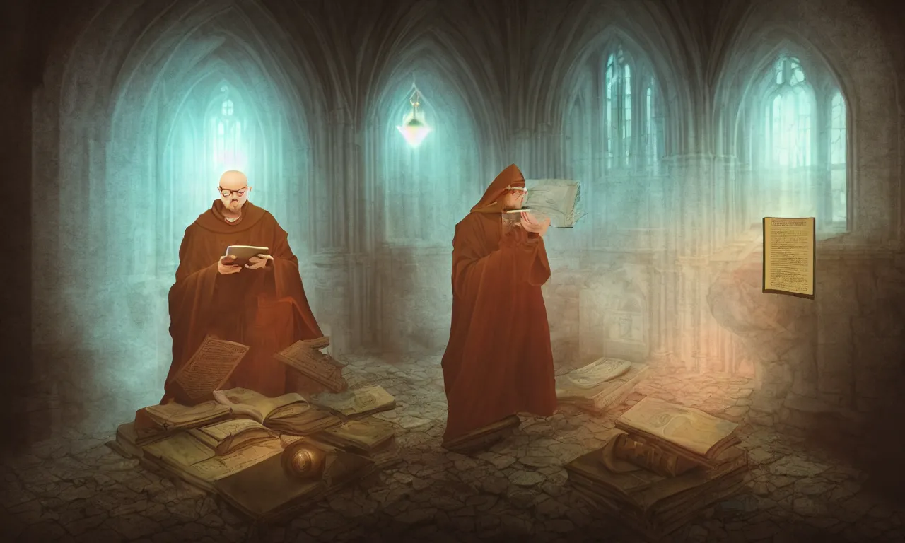 Image similar to monastery, kerberos realm, service ticket close up, wizard reading a directory, nordic pastel colors, abandoned railroad, 3 d art, digital illustration, perfect lighting