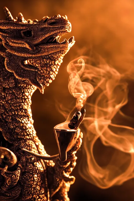 Image similar to photo of a dragon smoking a pipe, 3 0 mm, bokeh, dramatic lighting, beautiful