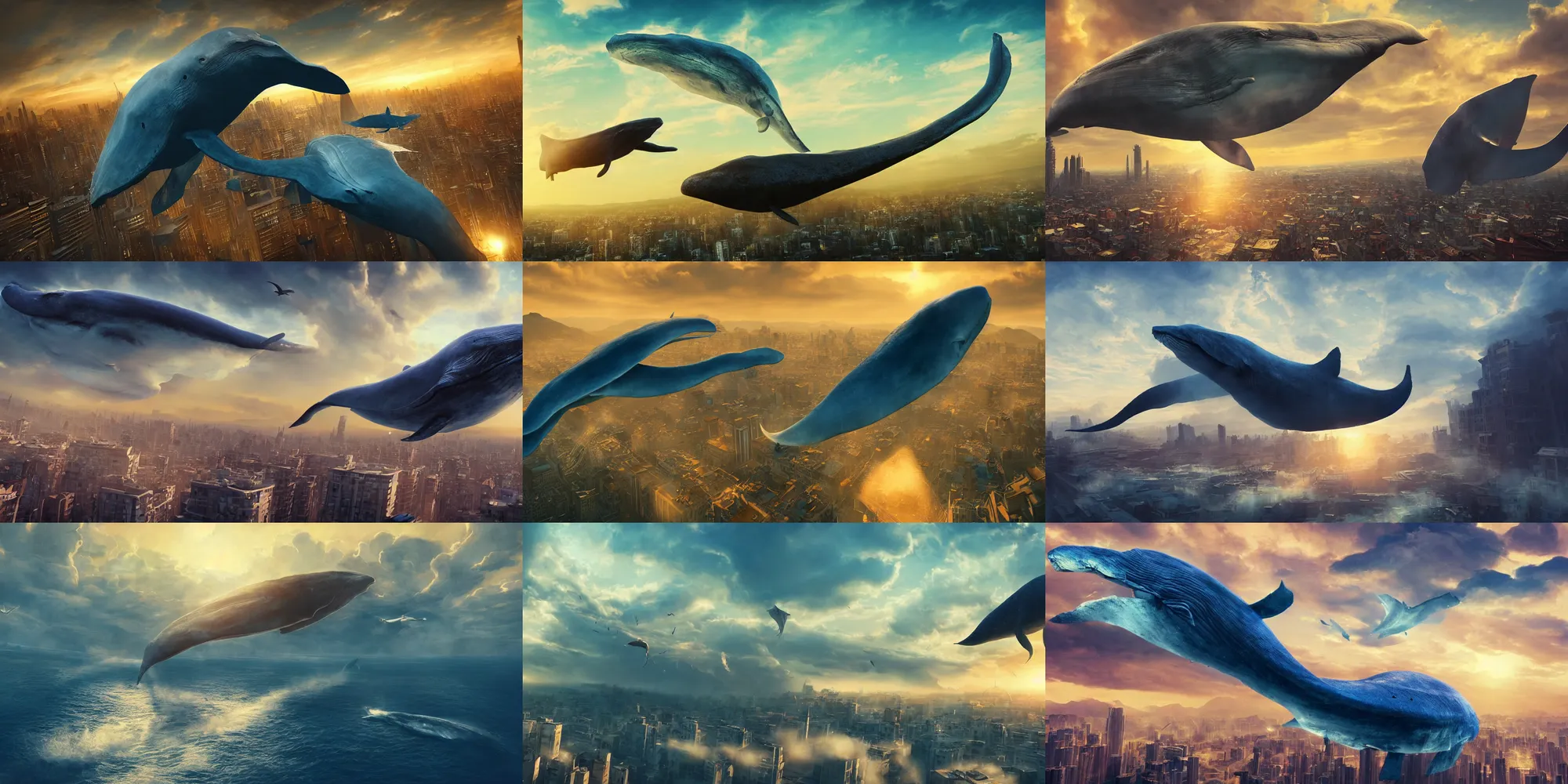 Prompt: a huge blue whale is flying above a city, epic, surreal, cinematic shot, golden hour, artstation, deviantart, dreamy atmosphere, high definition