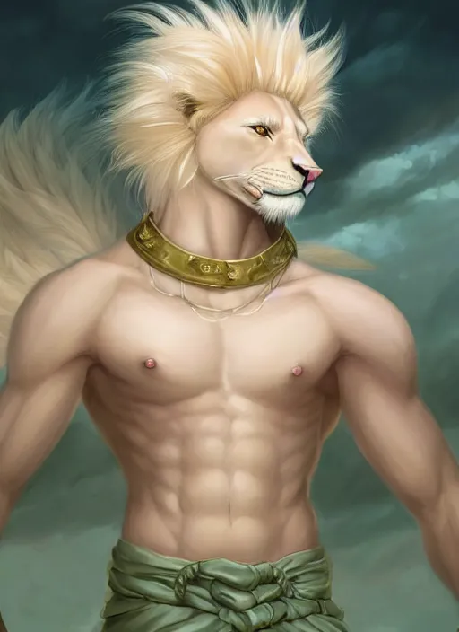 Prompt: aesthetic portrait commission of a of a male fully furry muscular anthro albino lion with a tail and a beautiful attractive hyperdetailed face wearing stylish and creative wearing mint outfit made out of silk in a sci-fi dystopian city at golden hour while it storms in the background. Character design by charlie bowater, ross tran, artgerm, and makoto shinkai, detailed, inked, western comic book art, 2021 award winning film poster painting