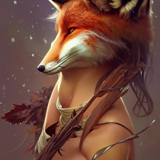 Prompt: photo of a humanoid fox were a heroic dress an armour in the forest, long hair, highly detailed, digital painting, artstation, smooth, sharp focus, illustration, art by artgerm and greg rutkowski and alphonse mucha