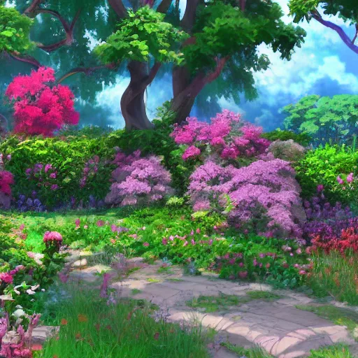 Image similar to a digital painting depicting a beautiful garden from an anime movie, in the style of Tue Tue on ArtStation, cinematic render, 4k,