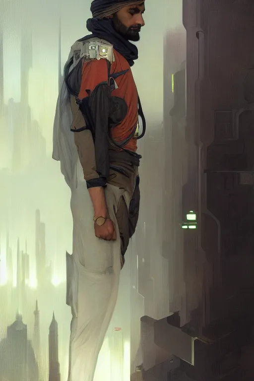 Image similar to a full body portrait oil painting illustration of an arabic man by justin sweet and greg rutkowski and alphonse mucha with face and body clearly visible, techwear, futuristic, cyberpunk, artstation trending, high quality, sombre mood, artstation trending, abstract colours, no crop, entire character!,