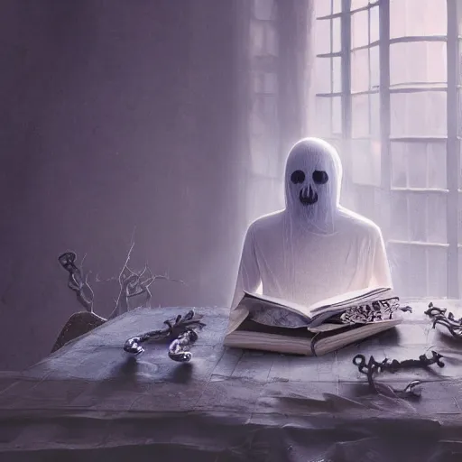 Prompt: a transparent human man ghost is reading a scary book that has come to life with sharp teeth and slimy tentacles emerging from the pages, photo, colorful, artstation, unreal engine, 8K, CGSociety, realistic materials, intricate details, photo-realistic, postprocessing, 4k ultra HD photograph