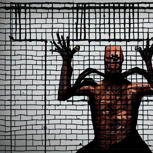 Image similar to humanoid scary lizard man in a prison cell, holding the bars and crying out for help