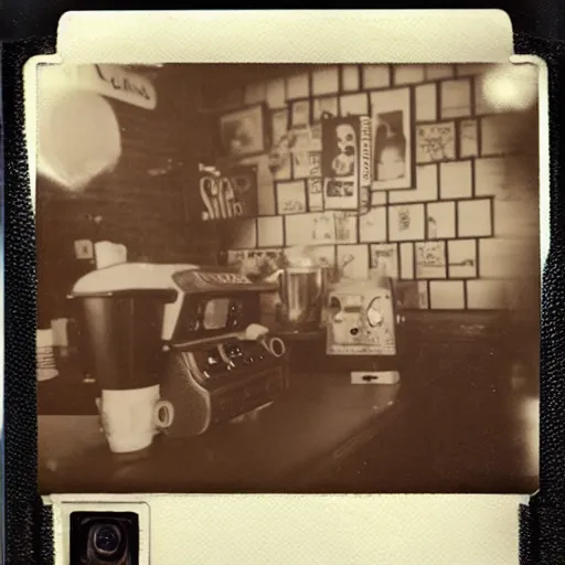 Prompt: a very beautiful old Polaroid picture of lovecraftian monster inside a coffee shop, award winning photography