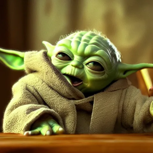 Image similar to screaming baby yoda having a tantrum, intricate detail, beautiful aesthetic, photorealistic, award winning professional cinematic composition, volumetric lighting, 8 k