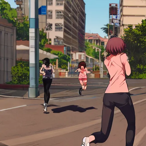 Image similar to anime style, gta 5, girl is running looking at spectator, red sport clothing, marathon race, brown short hair, hair down, symmetrical facial features, from arknights, hyper realistic, rule of thirds, extreme detail, detailed 4 k drawing, safebooru, realistic lighting, by alphonse mucha, greg rutkowski, sharp focus, backlit