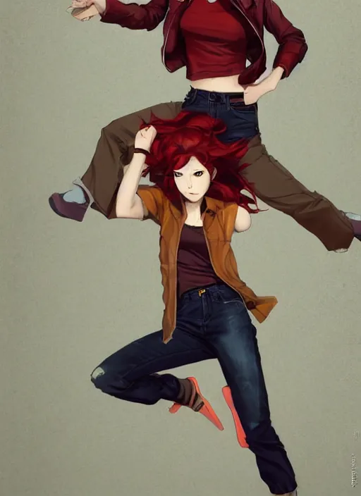 Image similar to full-body shot of an attractive tomboy girl mid jump with long, crimson red hair and red eyes, wearing a brown, open jacket and green jeans with a stern look, midriff, concept art, character design, by WLOP, by Ross Draws, by Tomine, by Satoshi Kon, by Rolf Armstrong