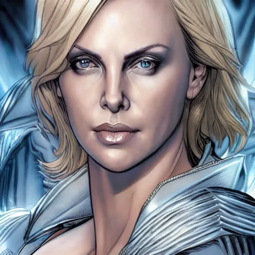 Image similar to charlize theron as emma frost, symmetrical facial features, 8 k intricate detail, detailed face, beautiful, golden ratio, art by ardian syaf, radiosity rendering,