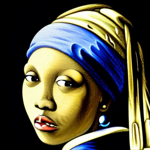 Image similar to portrait of an african woman, girl with the pearl earring, hyper realistic, black background, yellow and blue,