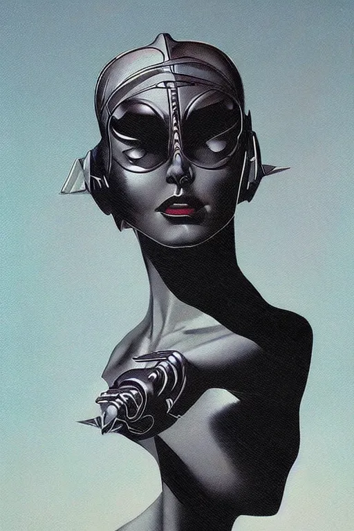 Prompt: retro-futuristic evil female with cybernetic implants, no eyes, intricate art deco leaf designs elegant highly detailed Roman patterns, sharp focus art by vincent di fate, artgem,